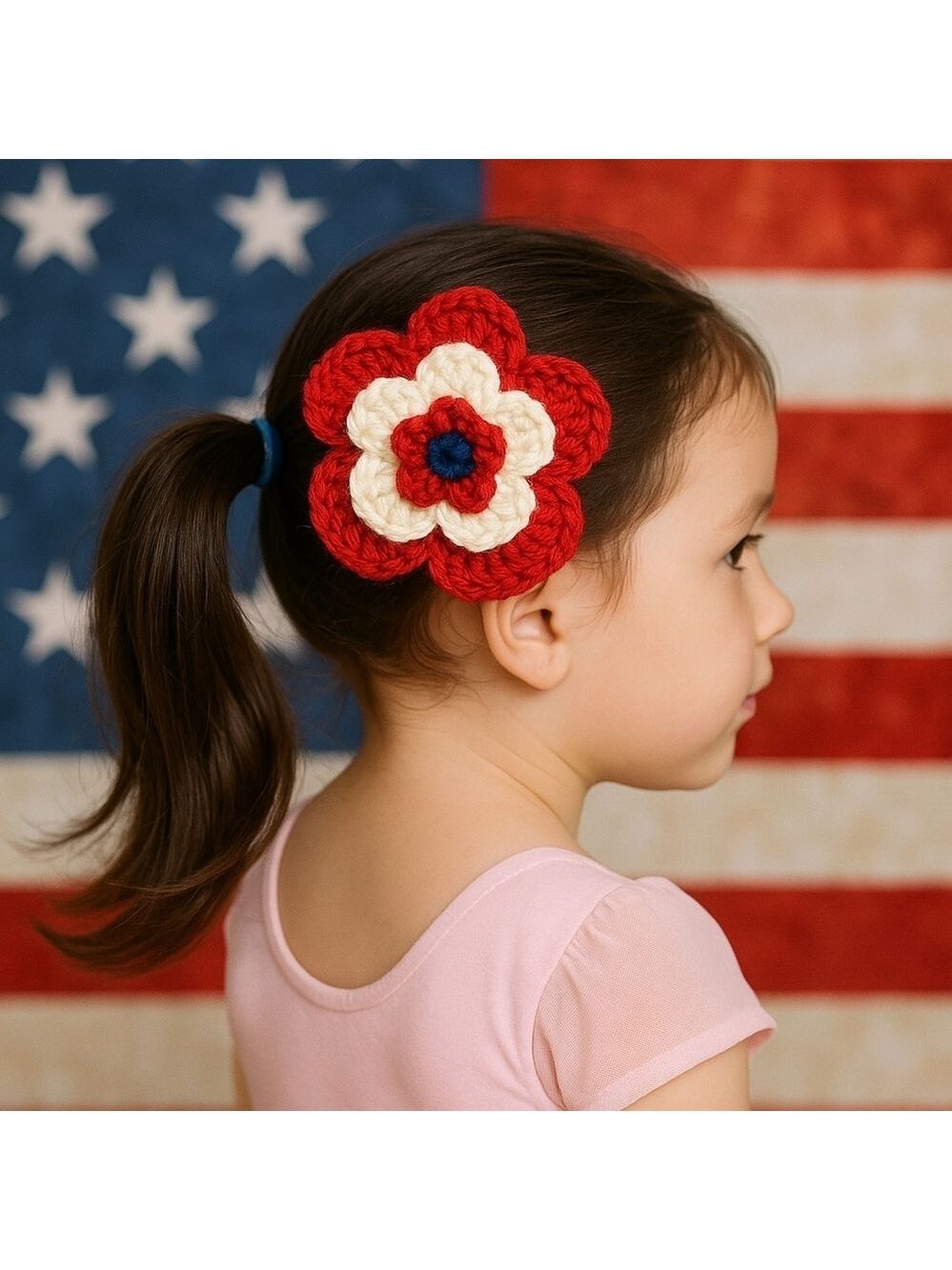 Handcrafted Red and White Floral Hair Clip Crochet Knit Patriotic Hair Accesory